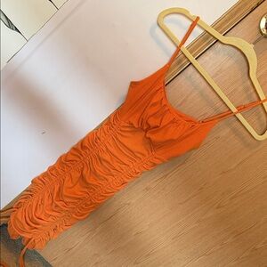Orange Ruched Spaghetti Strap Dress